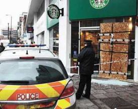 starbucks firebombed in London starbucks firebombed in London